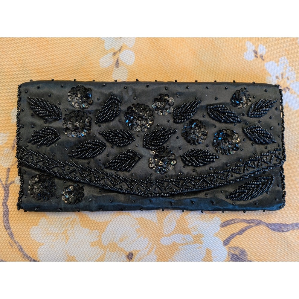 Vintage Black Beaded Sequin Satin Clutch Handbag Hand Made in Hong Kong Floral